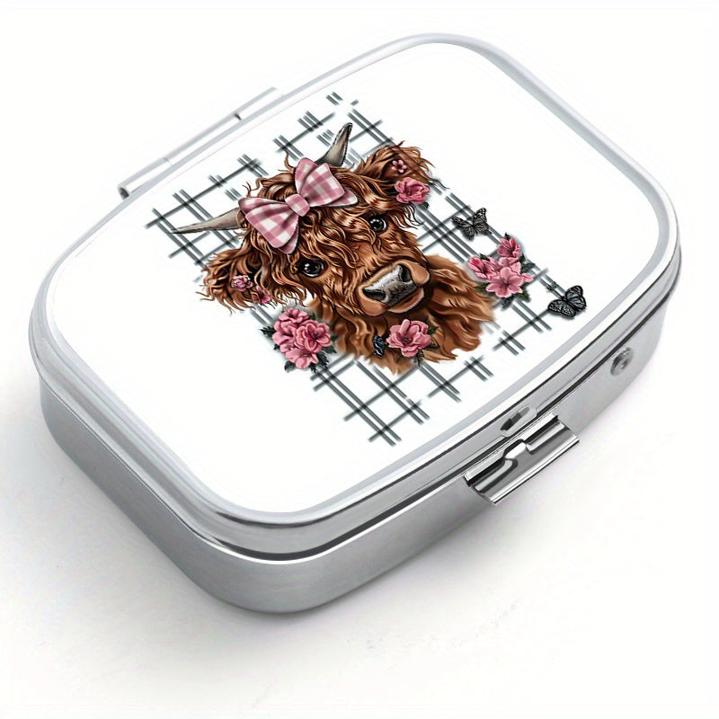 Highland Cow Pattern Two Compartment Pill Box - Portable Medicine Box
