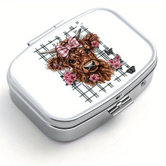 Highland Cow Pattern Two Compartment Pill Box - Portable Medicine Box