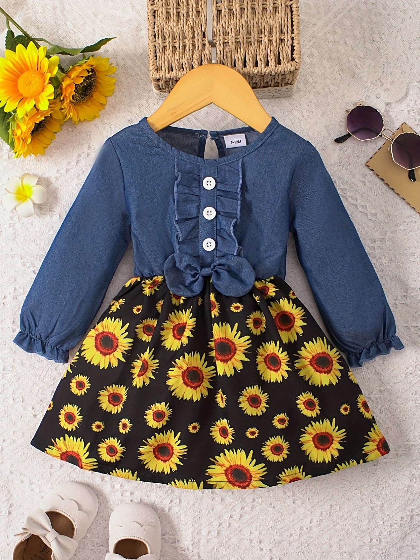 Cute Baby Girl's Denim Dress with Floral Print