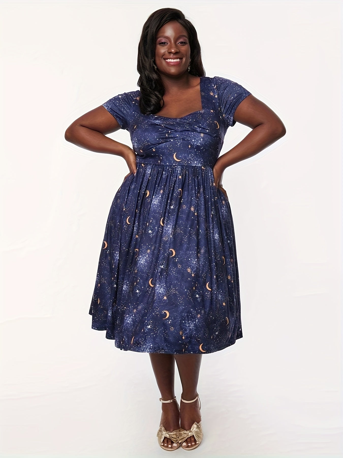  Women's Galaxy Print Cap Sleeve Stretch Pleated Dress
