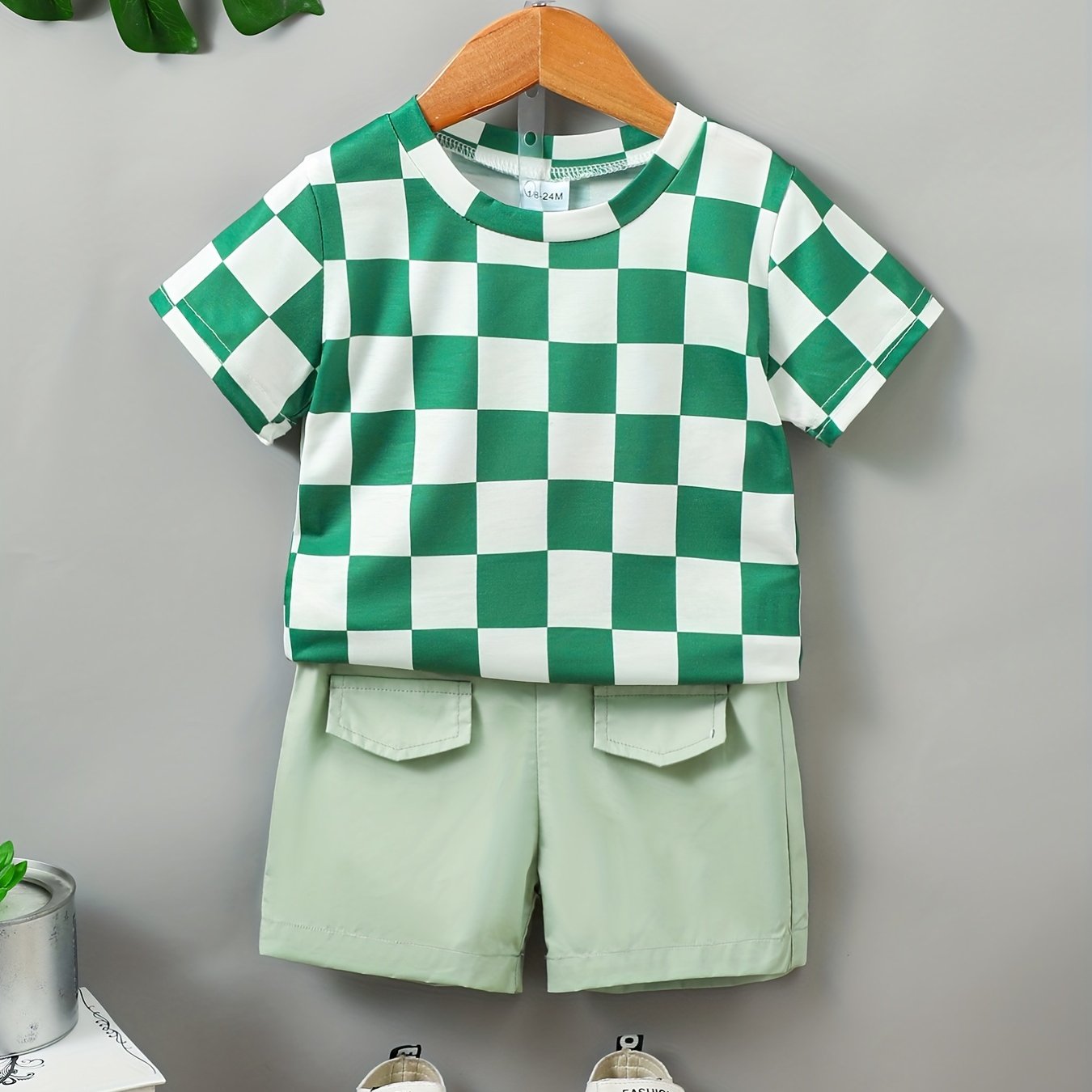 2pcs Boys Teen Checkerboard T-shirt & Shorts Set for Summer