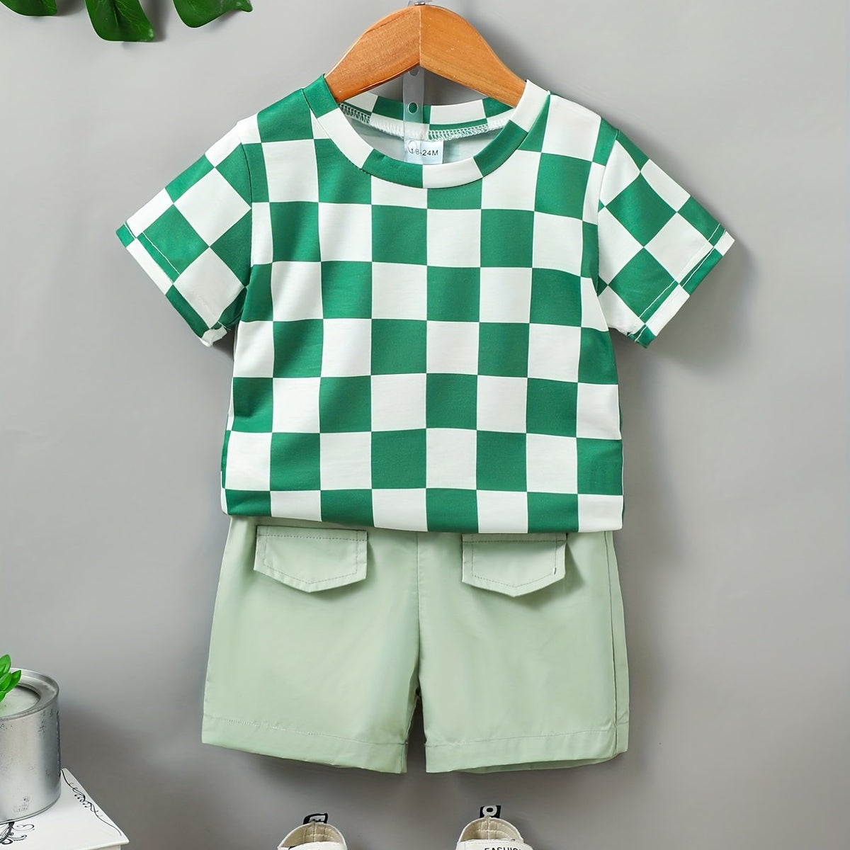 2pcs Boys Teen Checkerboard T-shirt & Shorts Set for Summer