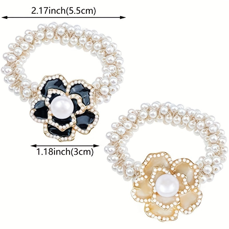 Camellia Flower Hair Rope with Faux Pearl Beads