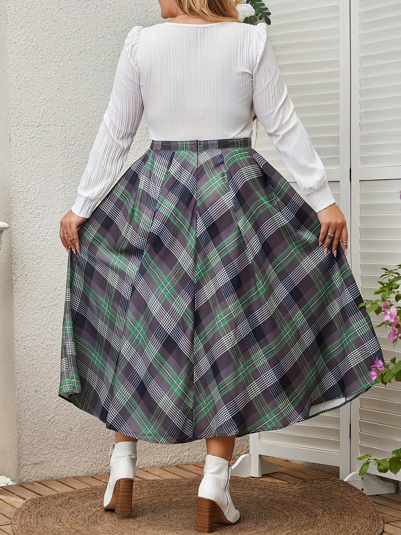  Retro Skirt Women's Plus Plaid Elastic A line Skirt