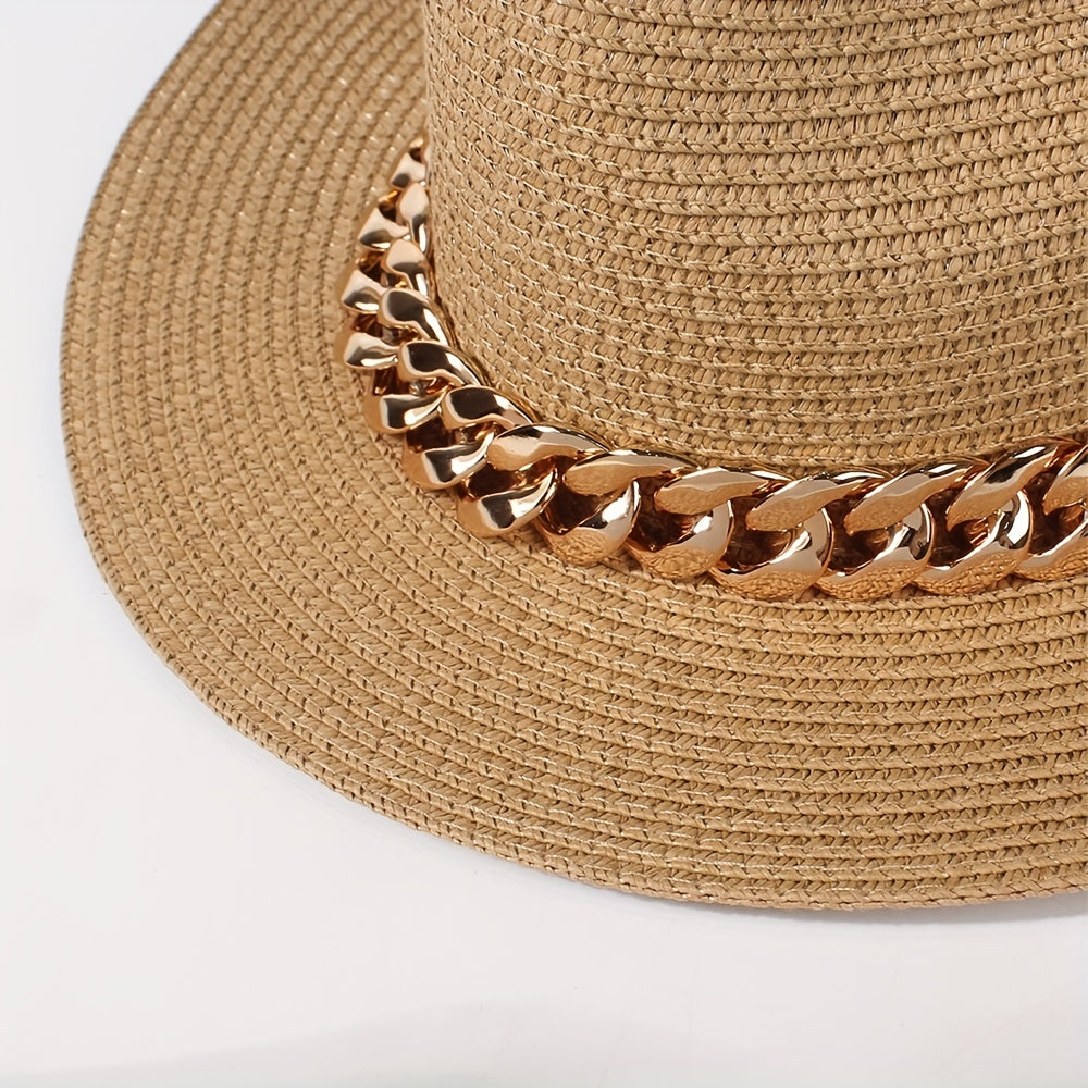 Golden Chain Decor Sun Hat Classic Coffee Jazz Fedora Cap