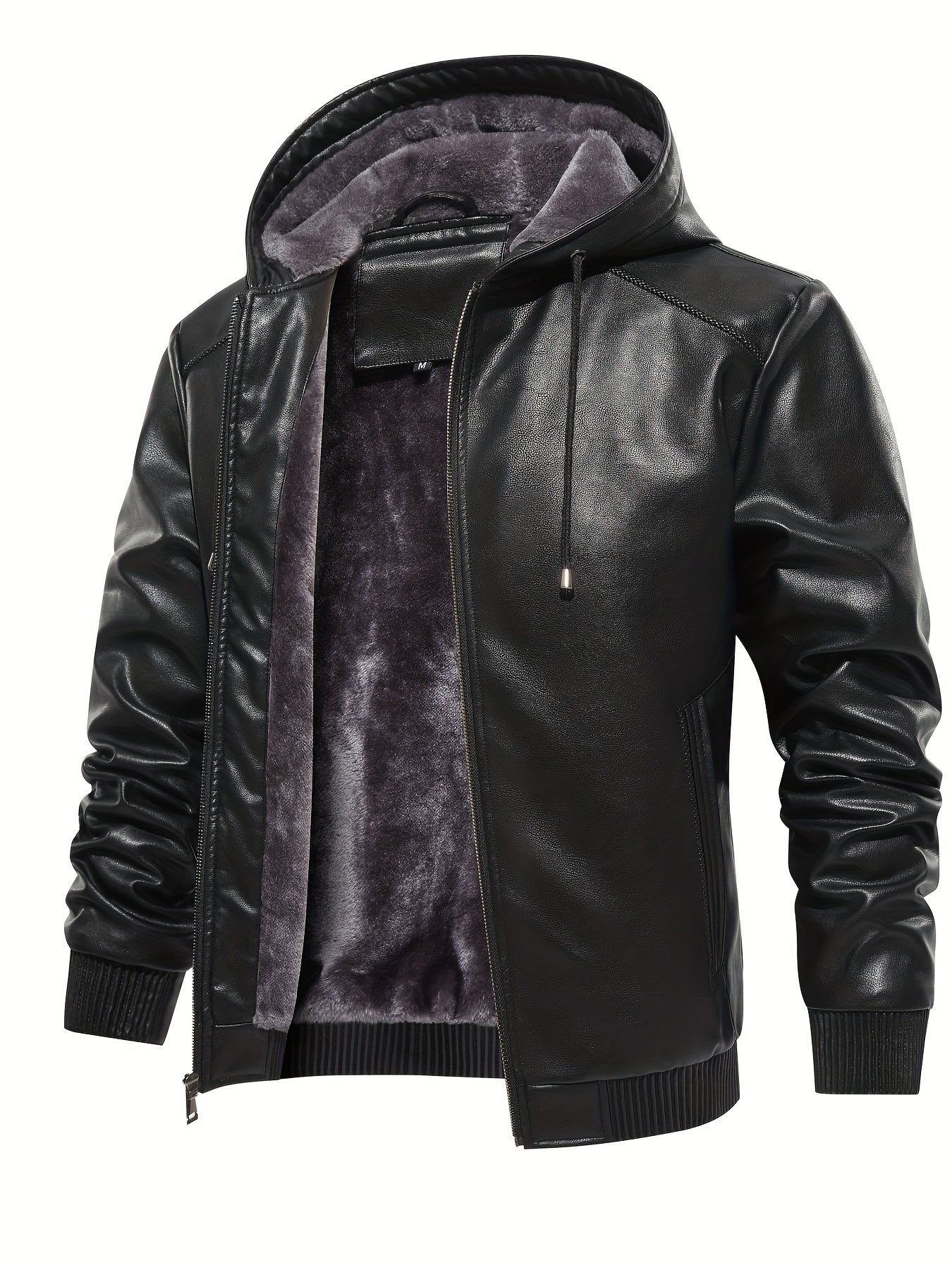 Men's PU Leather Hooded Jacket Windproof Waterproof Thick
