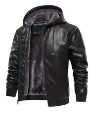 Men's PU Leather Hooded Jacket Windproof Waterproof Thick