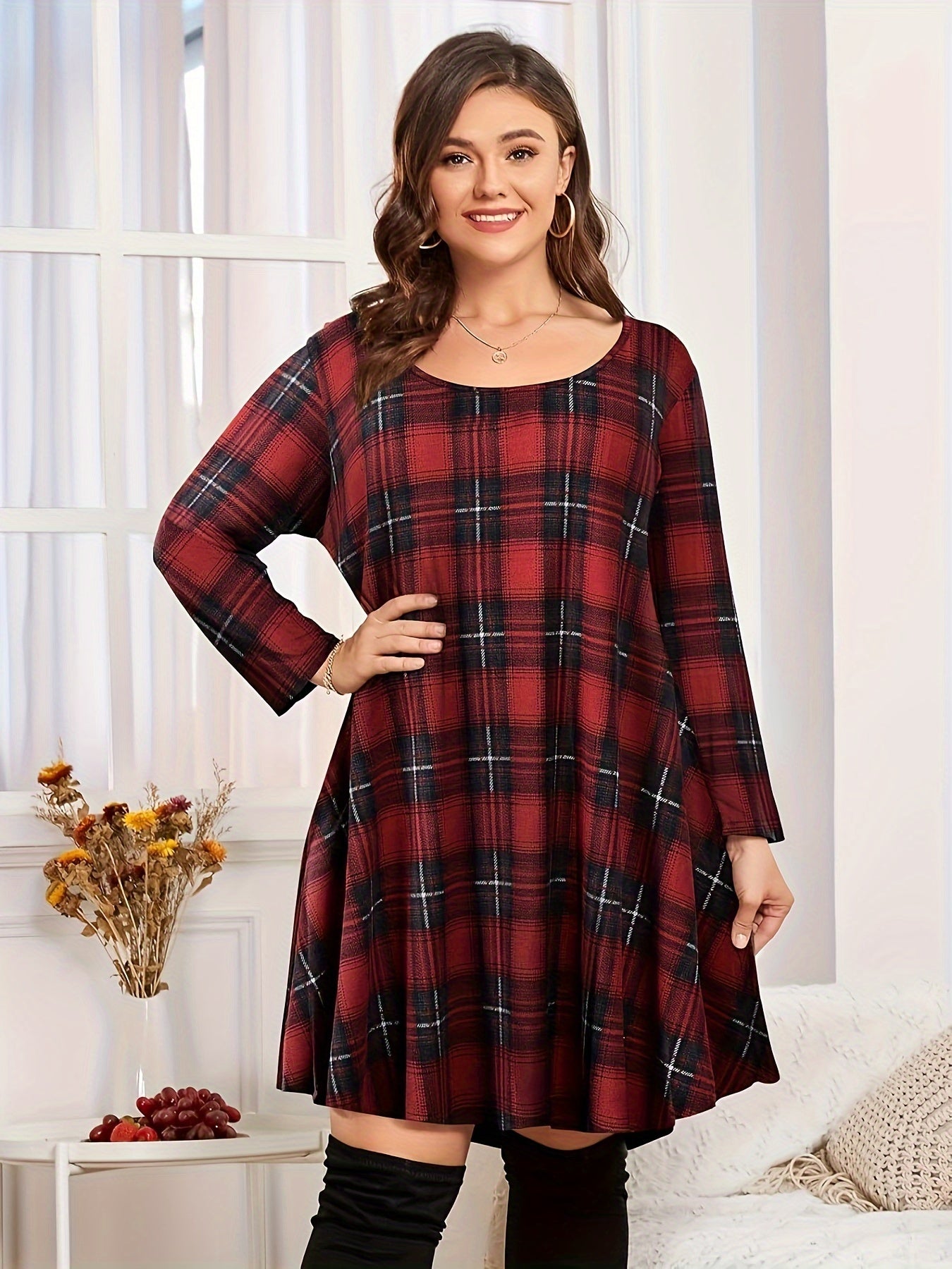  Plaid Print Long Sleeve Dress