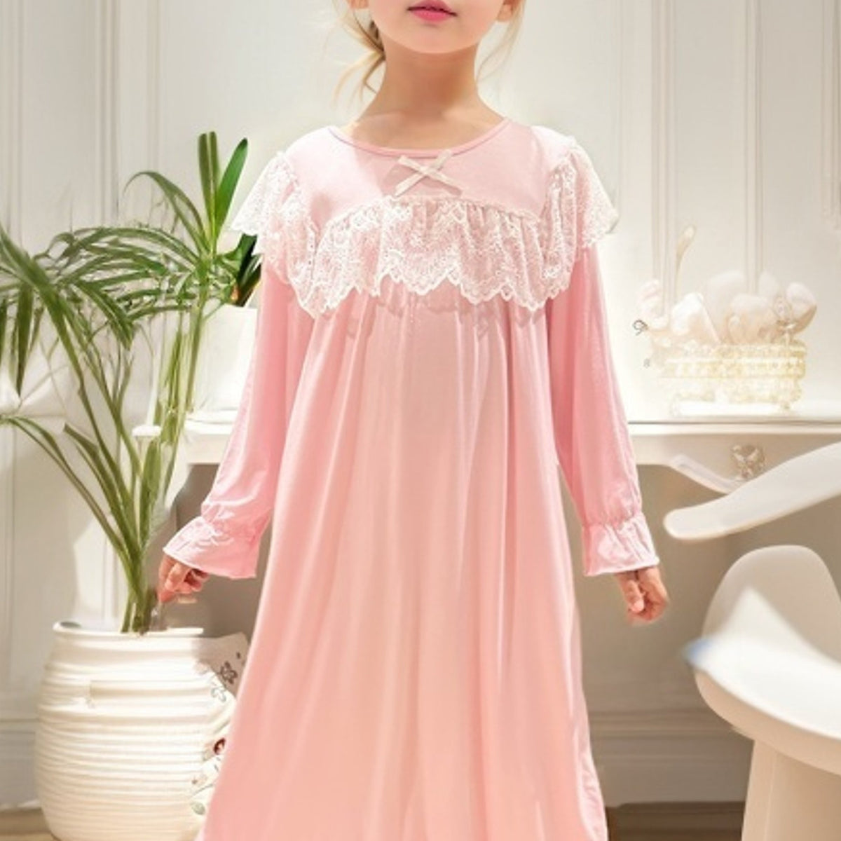Girls Nightdress Puff Sleeve Ruffle Pajamas Lace Loungewear