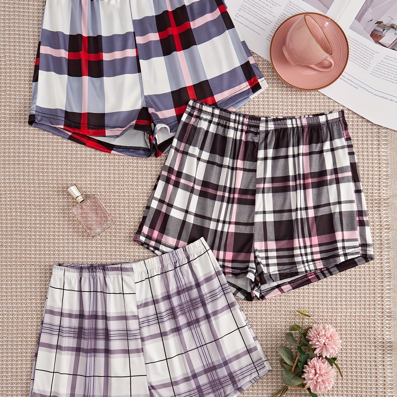 3pcs Plaid Sleep Bottoms Elastic Waistband Shorts Women's Sleepwear