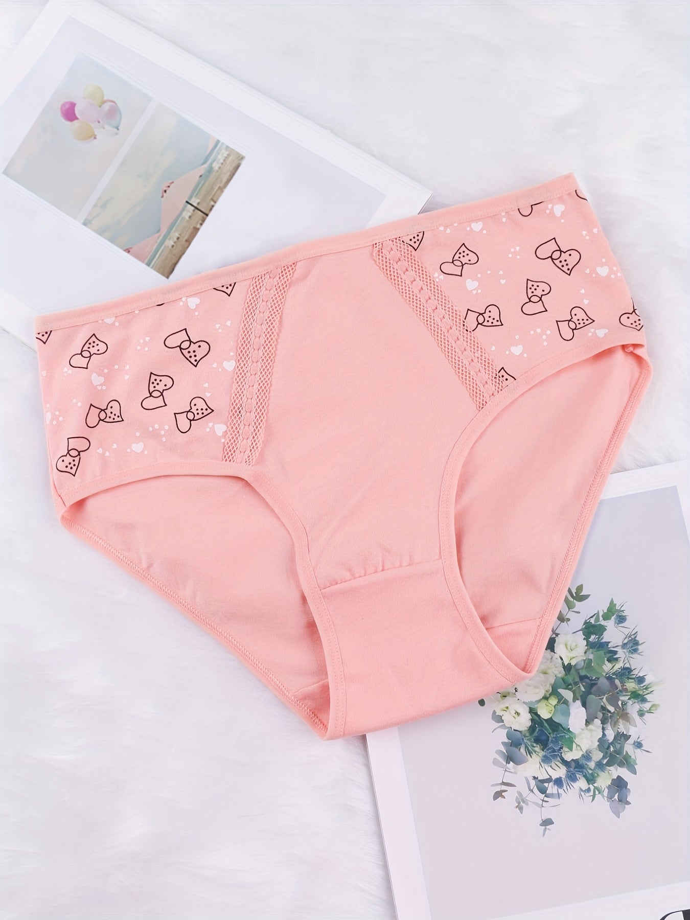 6 Pack Plus Size Panties Set Women's Plus Bow Knot Print Contrast Panel Panties