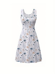  Floral Print Round Neck Stretch Tank Dress