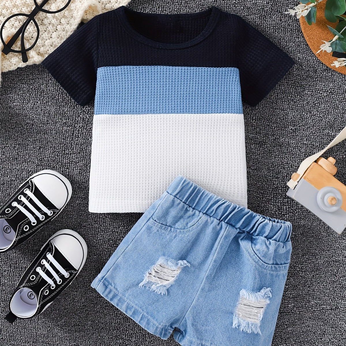 2pcs Baby Boys Block Neck T shirt & Denim Shorts Summer Clothes Sets