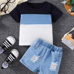 2pcs Baby Boys Block Neck T shirt & Denim Shorts Summer Clothes Sets