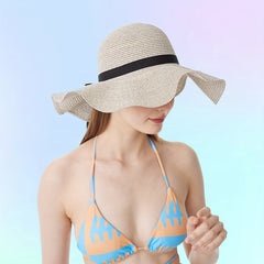 Wide Brim Sun Hat French Style Straw Ribbon Bowknot Travel Beach Hat