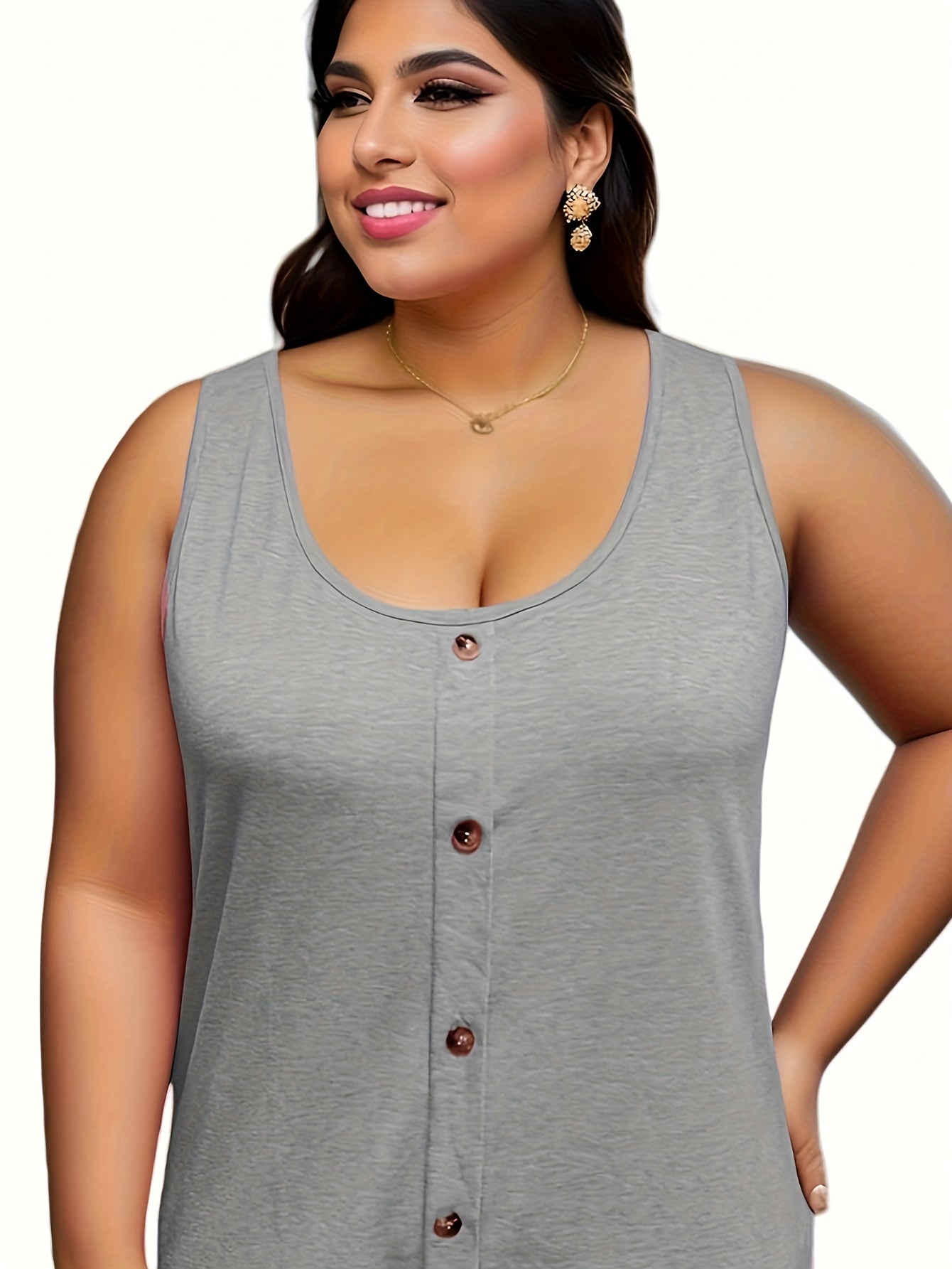  Casual Tank Top Women's Plus Solid Button Decor Round Neck Tank Top