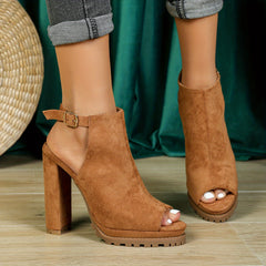 Chunky Heeled Sandals Open Toe Round Toe High Heels Women's Ankle Strap Shoes