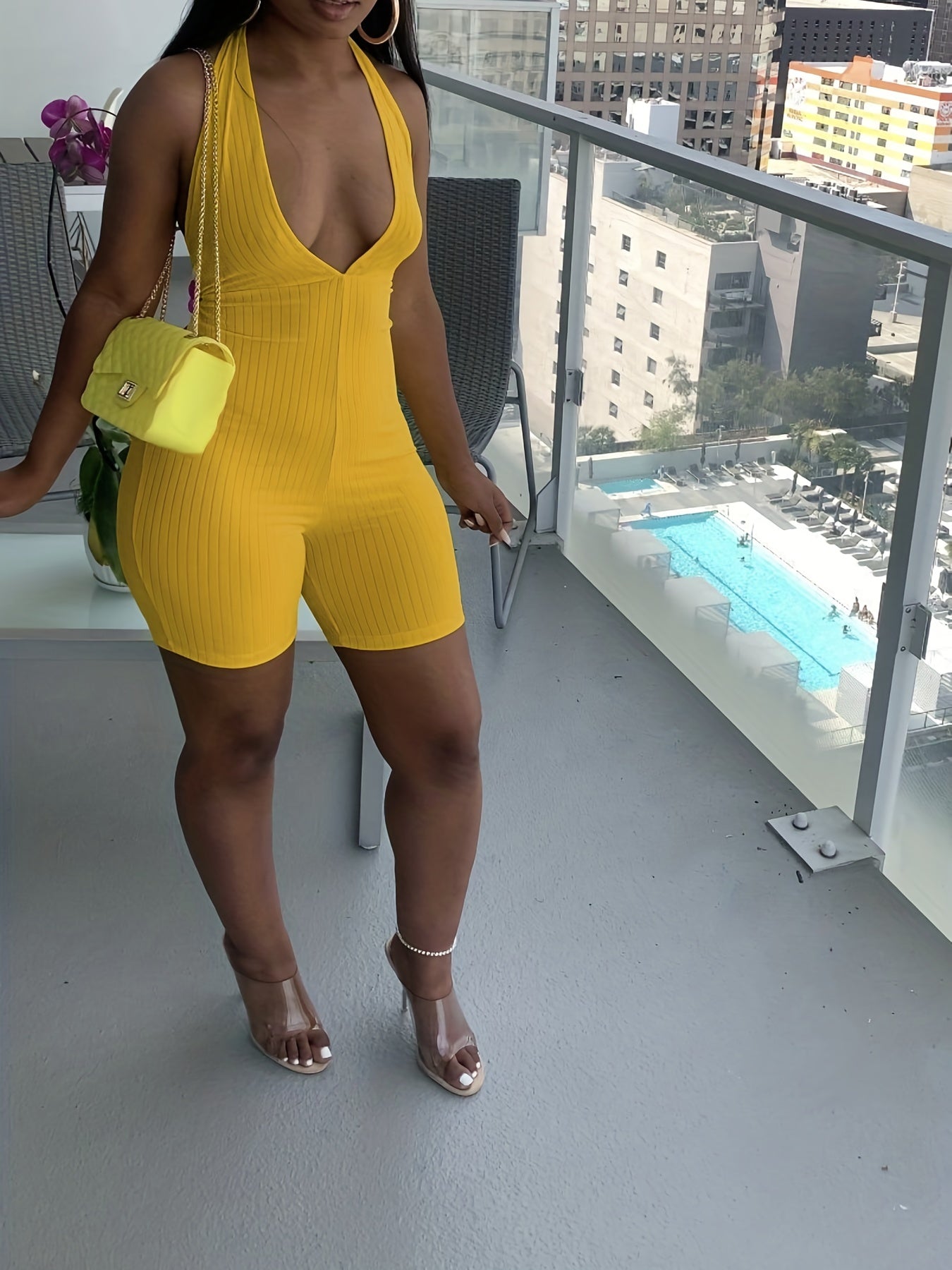 Plunging Halter Neck Romper Sexy Solid Bodycon Summer Women's Clothing