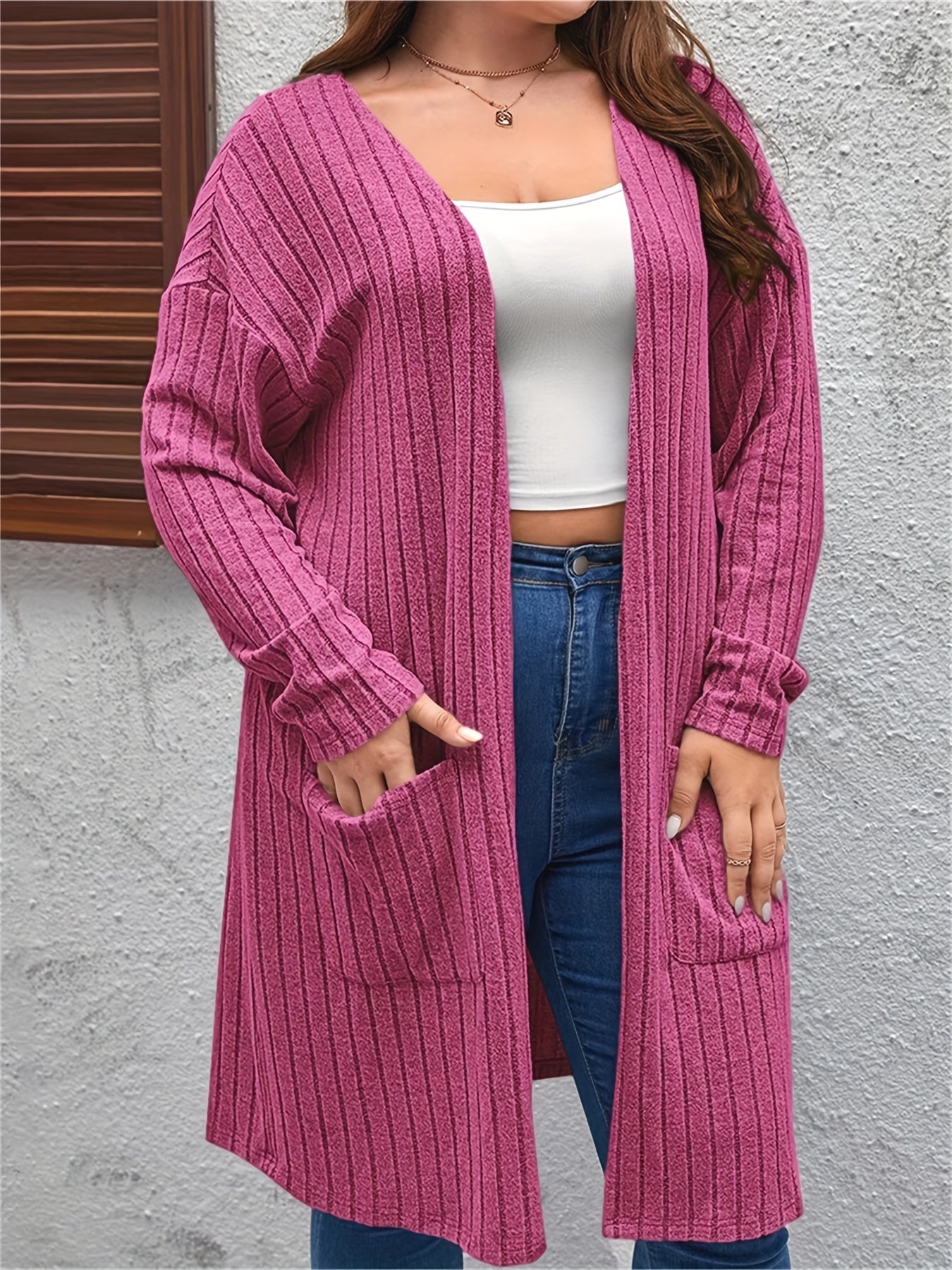  Open Front Ribbed Knit Cardigan with Pockets