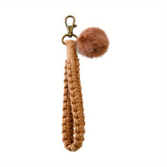 Boho Keychain Fur Ball Wrist Lanyard for Keys Macrame Wristlet Keychain Girls