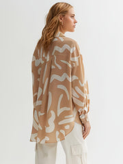  Graffiti Print Button Up Lantern Sleeve Blouse