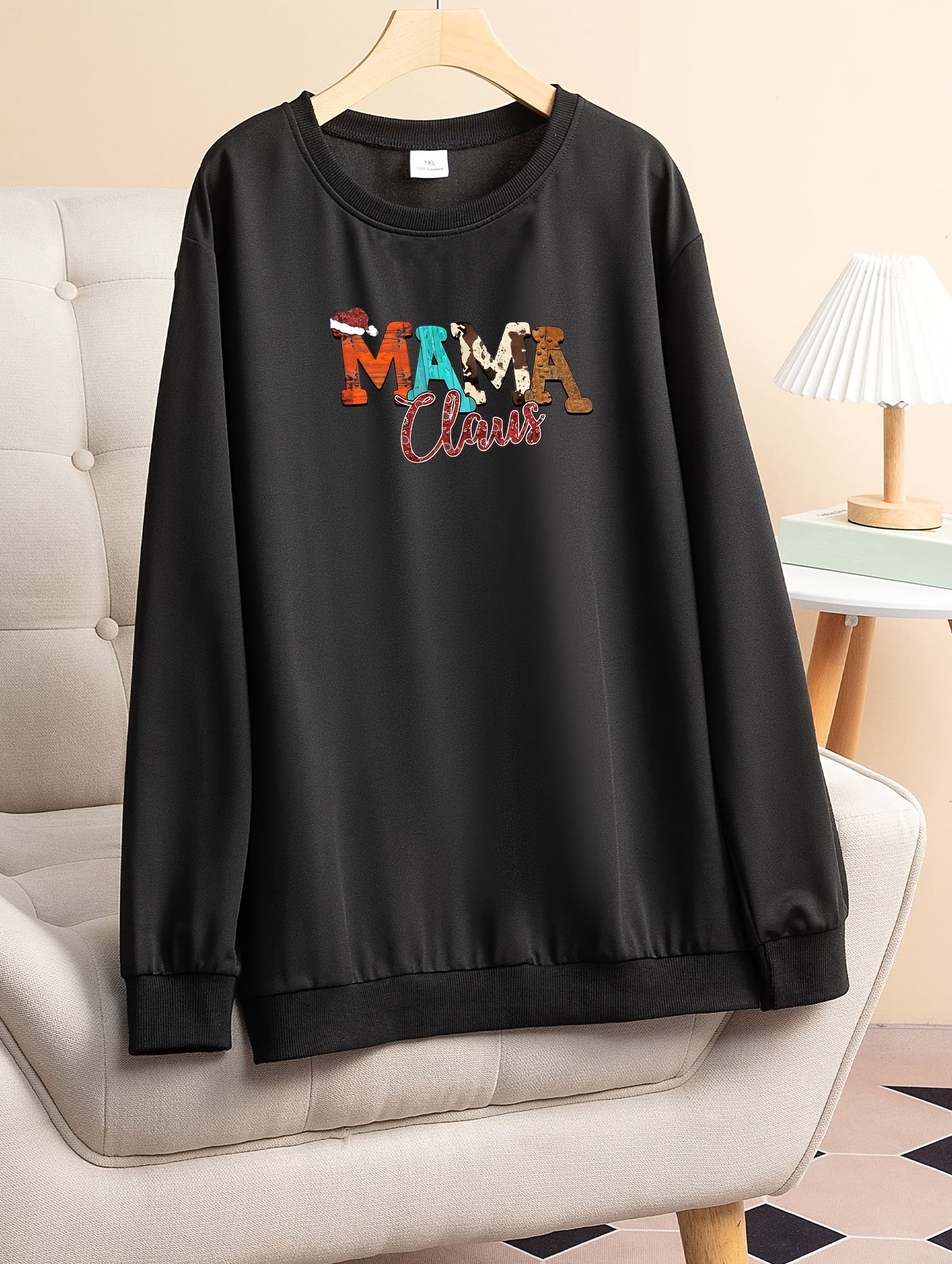  Christmas Lounge Top Women's Plus Christmas Hat Letter Print