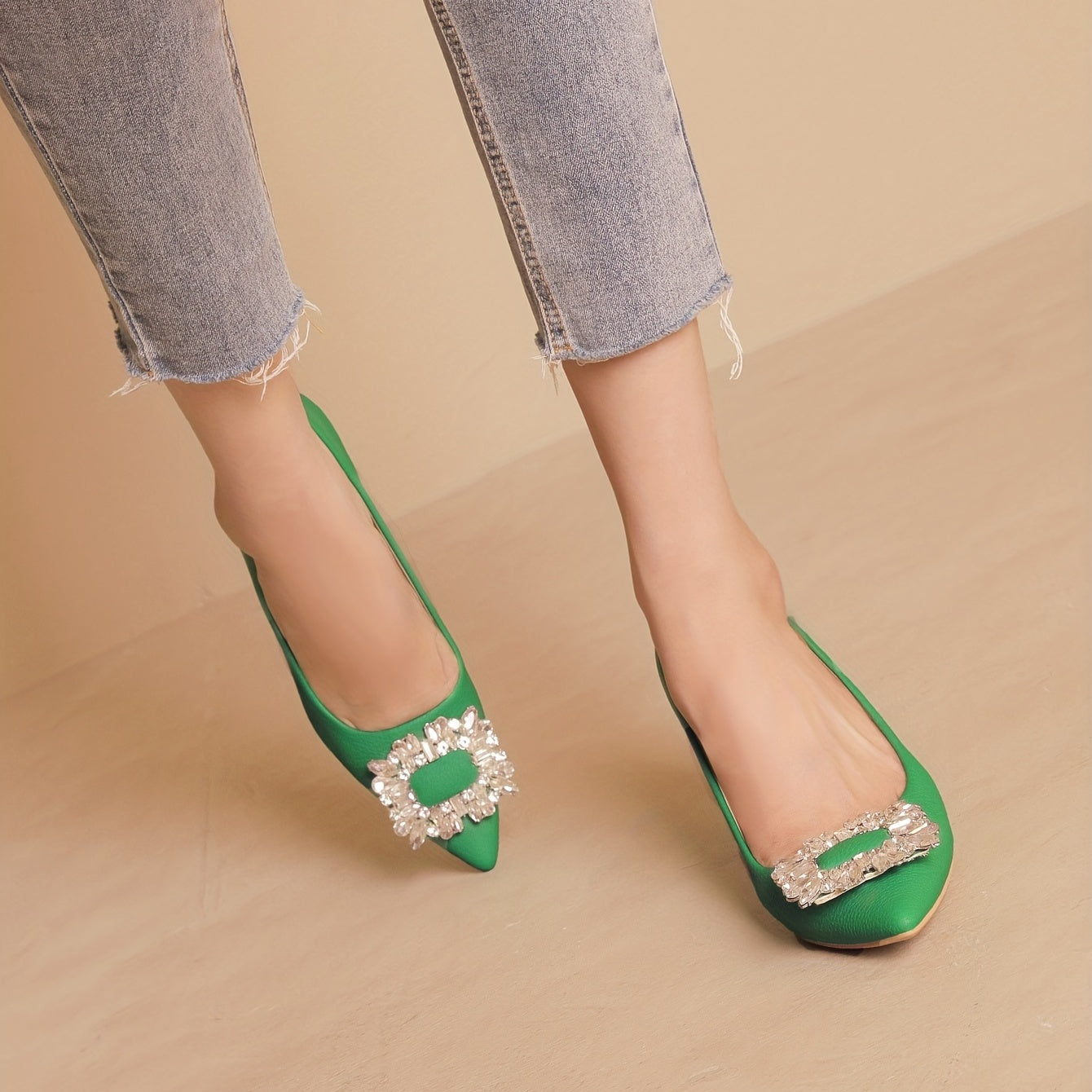 Crystal Decor Stiletto Heels Point Toe Faux Leather Pumps