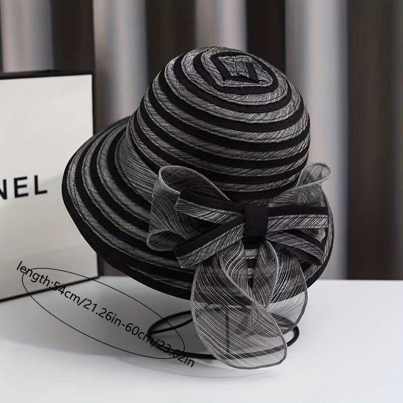 Striped Mesh Breathable Bucket Hats Bowknot Decor Foldable Basin Beach Hat