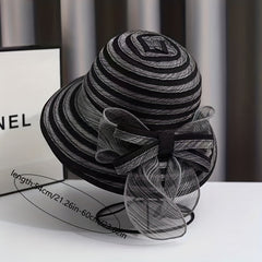 Striped Mesh Breathable Bucket Hats Bowknot Decor Foldable Basin Beach Hat