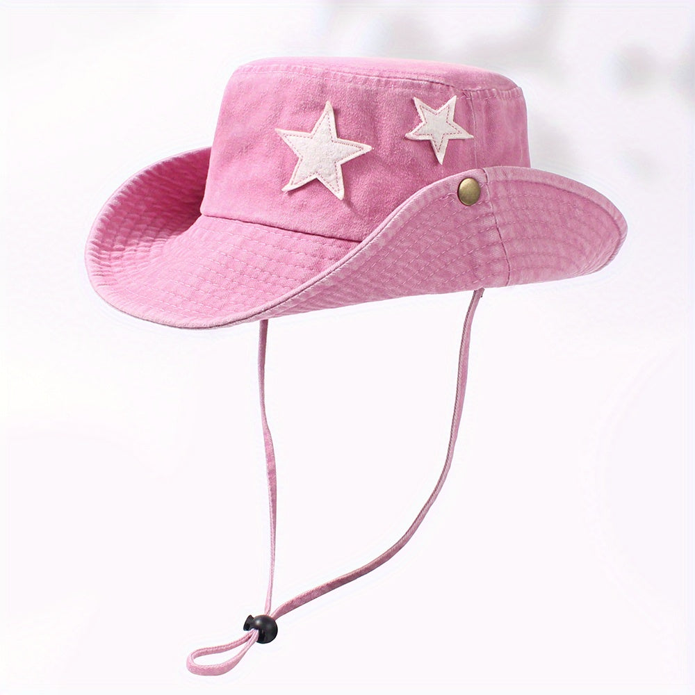 Star Patch Western Bucket Hat Distressed Cowboy Hat Outdoor Fishing Hiking Booni