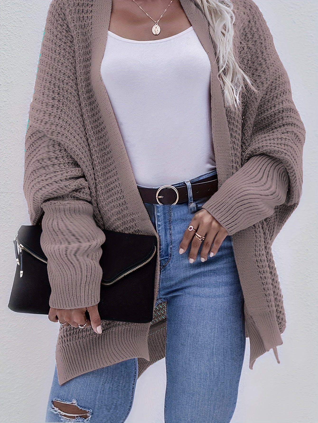  Solid Bat Sleeve Open Front Cardigan