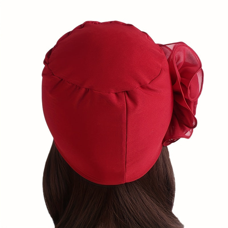 Lace Plate Flower Turban Cap Elastic Head Wrap Solid Bonnet Head Scarf Women