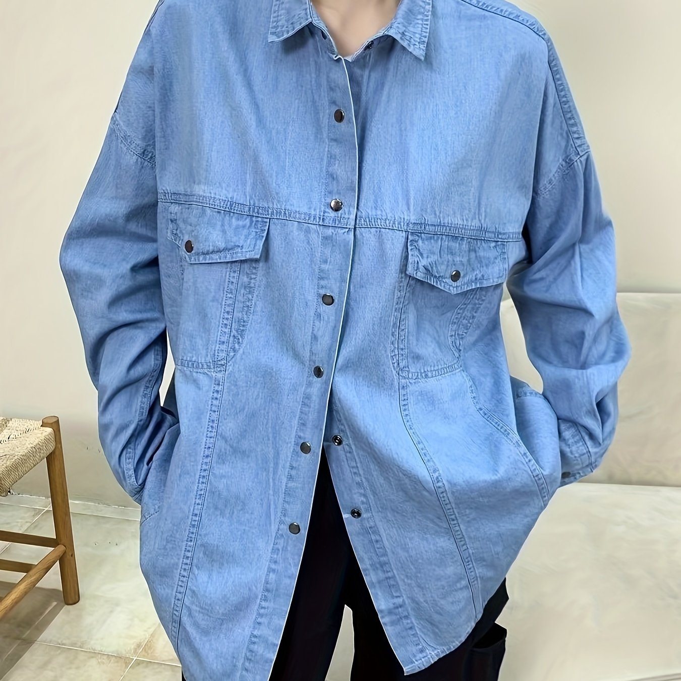  Casual Denim Top Women's Plus Solid Pipping Button Down Long Sleeve