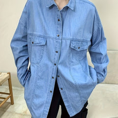  Casual Denim Top Women's Plus Solid Pipping Button Down Long Sleeve