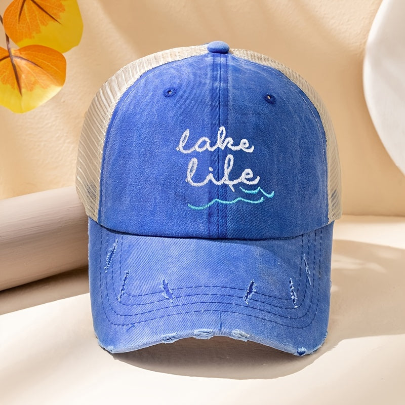 Ponytail Baseball Cap Embroidery Mesh Trucker Hat Women Distressed Dad Hat