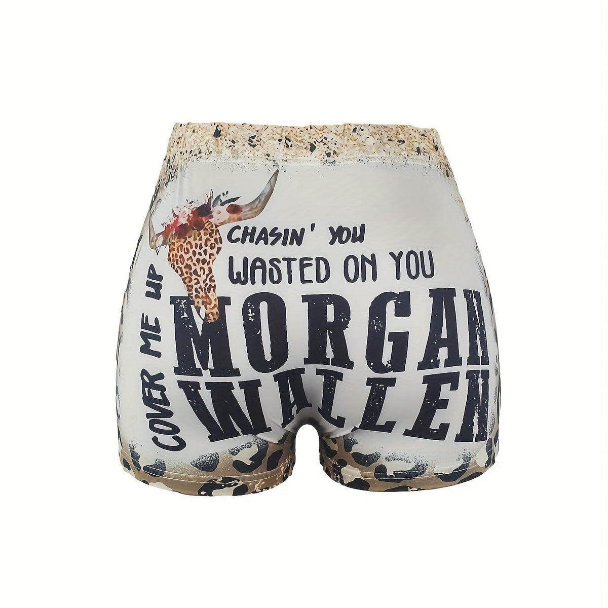 Plus Size Leopard & Slogan & Bull Skull Print High Rise Skinny Shorts