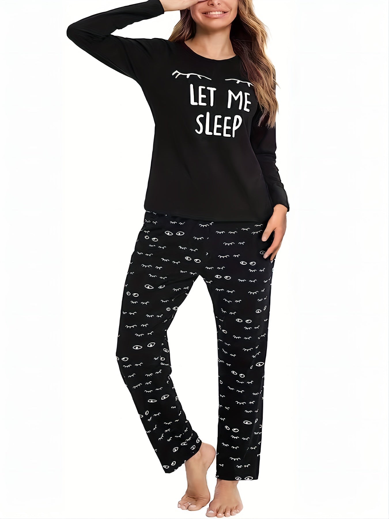 Eyelash Print Pajama Set Long Sleeve Top & Pants Women's Sleepwear