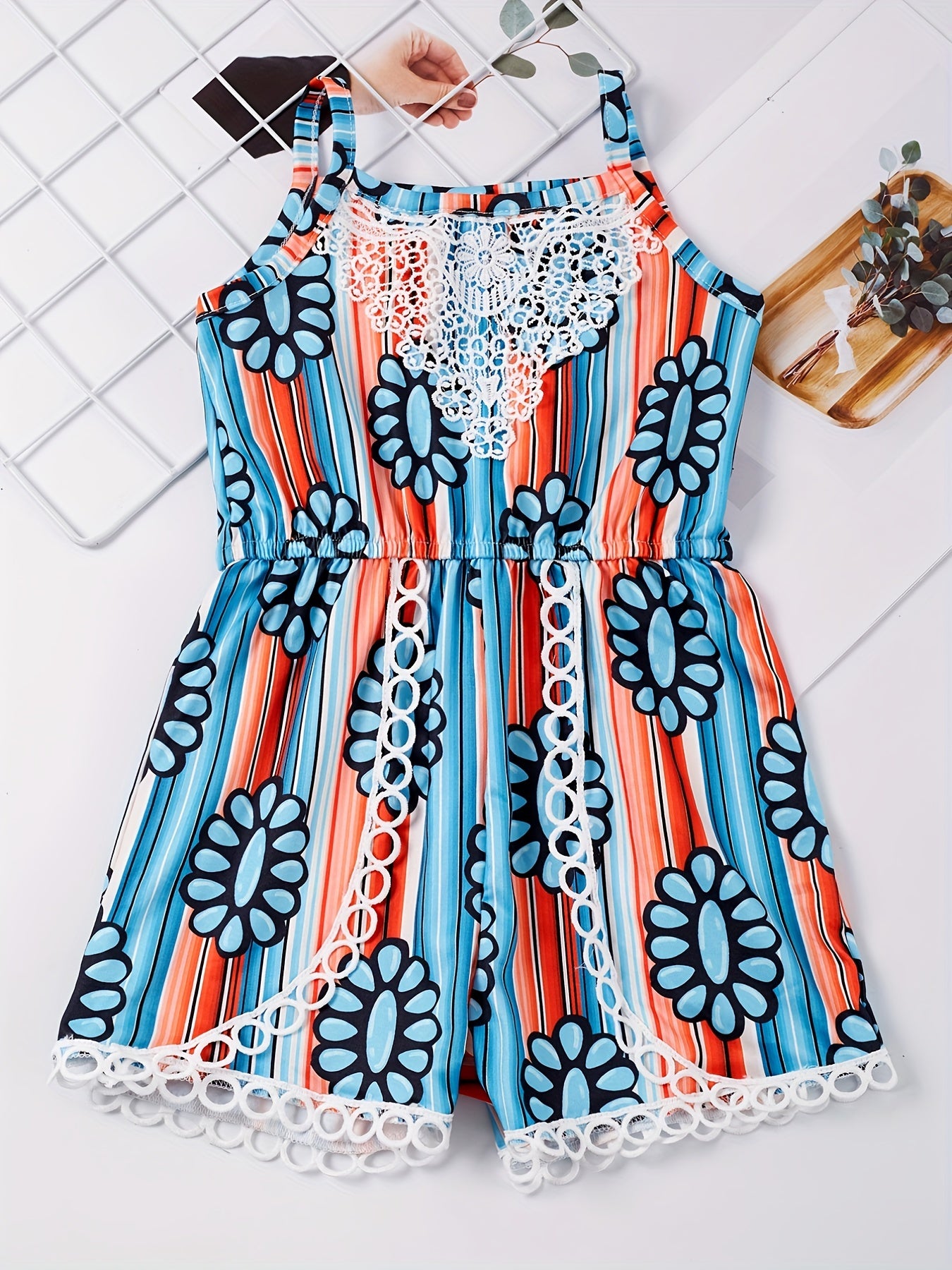 Toddler Girls Block Stripe Gemstone Cami Rompers Jumpsuits