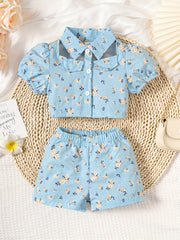 2pcs Baby Girls Ditsy Print Cut Out Puff Sleeve Shirt & Shorts Set
