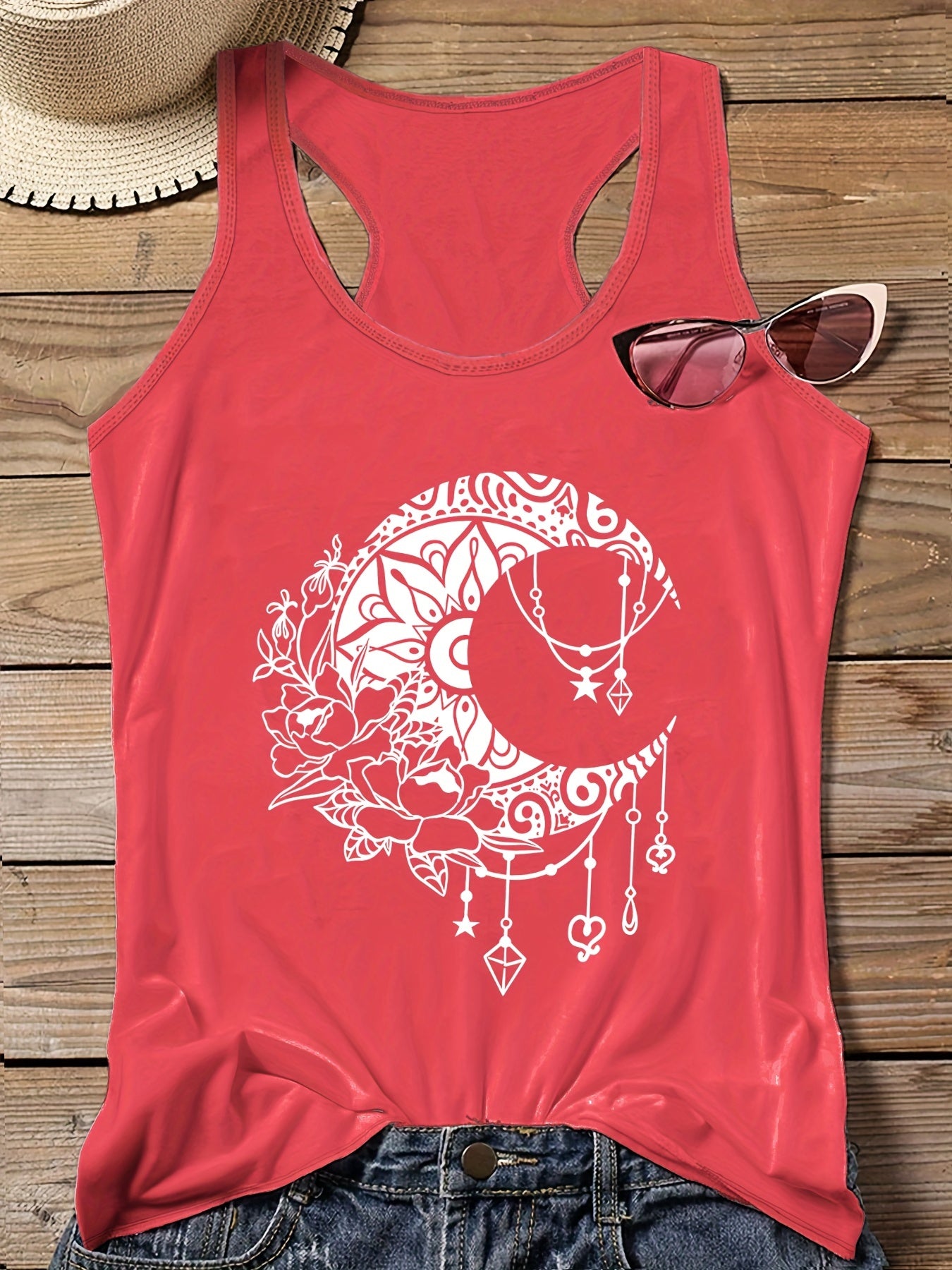  Moon & Floral Print Round Neck Tank Top