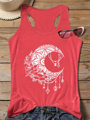  Moon & Floral Print Round Neck Tank Top