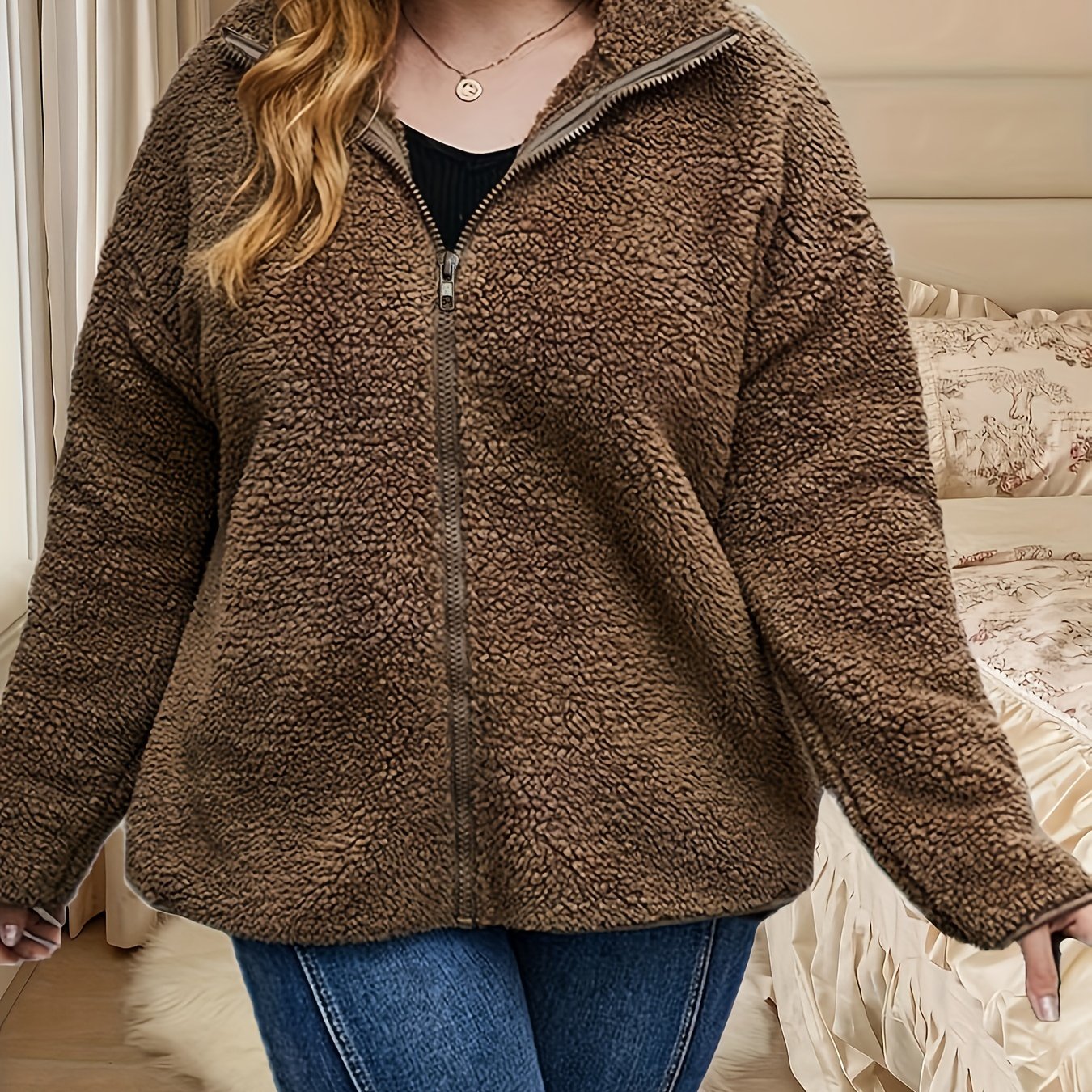  Fuzzy Fleece Zipper Front Lounge Coat