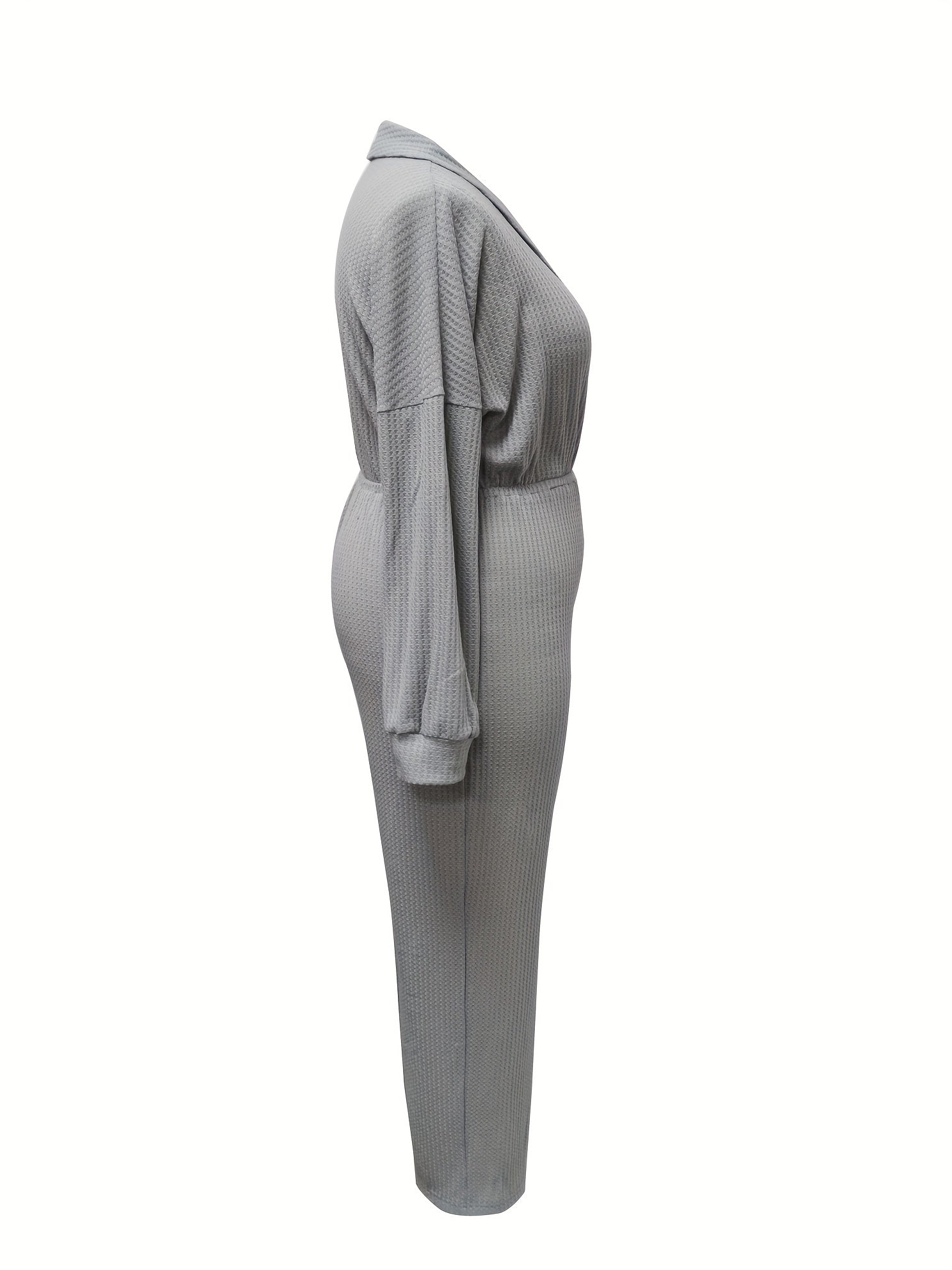  Solid Waffle Pattern Long Sleeve Jumpsuit