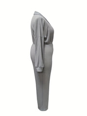  Solid Waffle Pattern Long Sleeve Jumpsuit