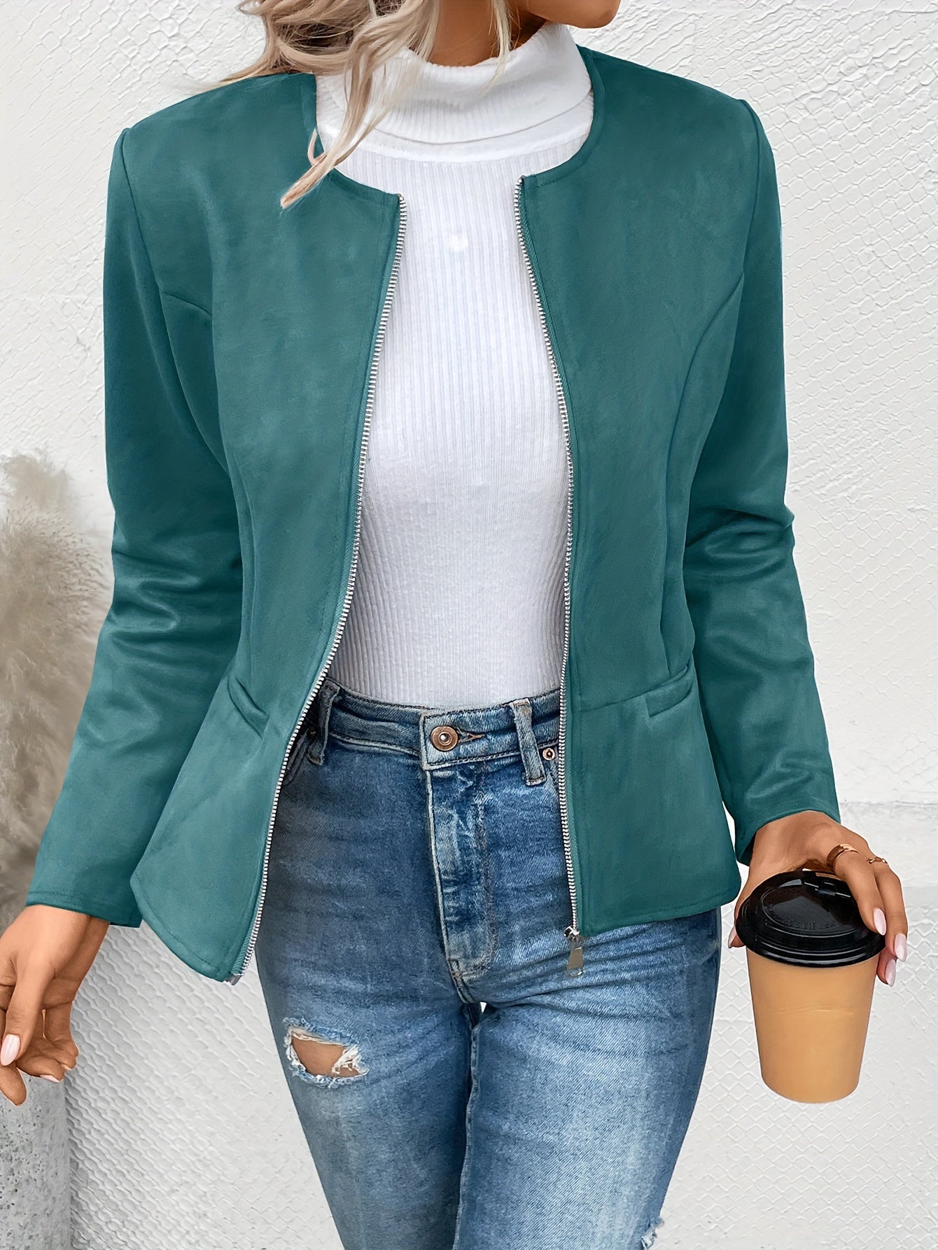Solid Zip Up Jacket Casual Long Sleeve Crew Neck Outerwear