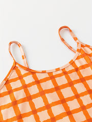 Plaid Print Pajama Set Crew Neck Cami Top & Elastic Waistband Shorts