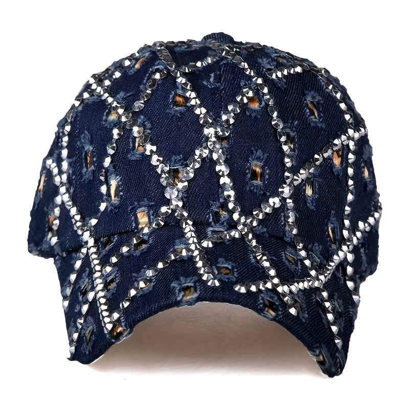 Leopard Rhinestone Denim Baseball Cap with Artificial Diamonds