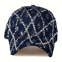 Leopard Rhinestone Denim Baseball Cap with Artificial Diamonds