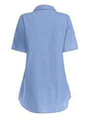 Short Sleeves Denim Top Button Front Lapel Casual Denim Shirt