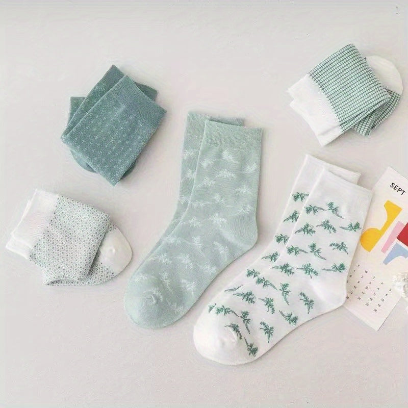 5 Pairs Floral & Plaid Print Comfy Mid Tube Socks Women's Stockings